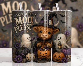 Adesivo PNG para copo térmico de 590ml com estampa de vaca das Terras Altas "Doces ou Travessuras" (Muu, por favor) - Halloween