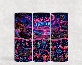 Adesivo per bicchiere Neon Summerween con gatto nero, motivo glitter Beach Club (download digitale PNG)