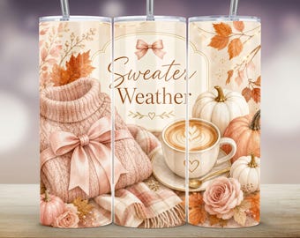 Adesivo Pink Coquette Autumn per bicchiere termico, con scritta "Weather Weather" (download digitale PNG)
