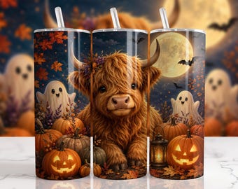 Copo térmico de 20 oz com estampa de vacas das Terras Altas para o Halloween e abóbora iluminada pela lua (PNG)