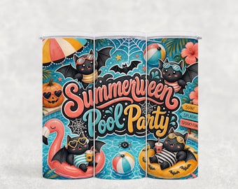 Adesivo per bicchiere Summerween con pipistrello, festa in piscina Summerween (download digitale PNG)