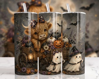 Adesivo para copo térmico de 590ml com estampa de fantasma e carroça de Halloween de vaca das Terras Altas (PNG)