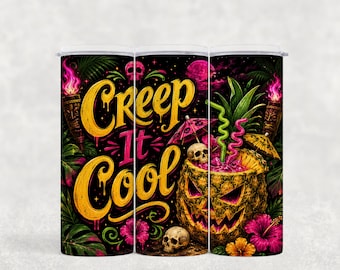 Adesivo per bicchiere termico Tiki con ananas al neon, design spettrale estivo per Halloween (download digitale PNG)