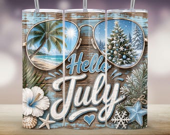 Adesivo per bicchiere termico "Christmas In July Sunglasses", con la scritta "Hello July Scene" (20 oz, stampa a sublimazione sottile)