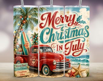 Adesivo per bicchiere termico con camioncino rosso natalizio tropicale, Buon Natale a luglio (20 oz, stampa a sublimazione sottile)