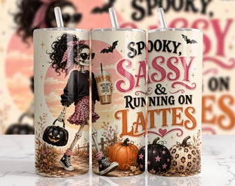 Adesivo PNG para copo térmico de 590ml com estampa de esqueleto correndo e tomando lattes | Halloween