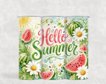 Watercolor Watermelon Floral Tumbler Wrap, Hello Summer (PNG Digital Download)