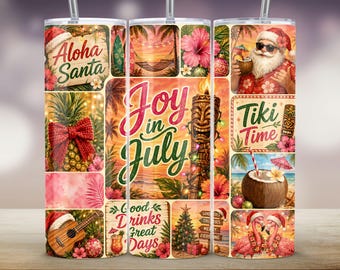 Adesivo per bicchiere a tema natalizio tropicale Tiki, "Joy In July Aloha Santa" (download digitale PNG)