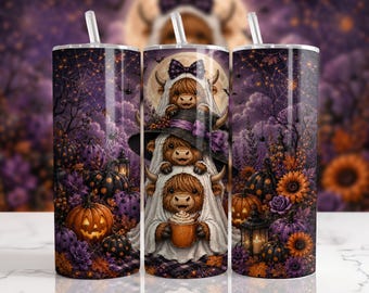Adesivo para copo térmico Highland Cow Ghost Stack Halloween 20oz - Design PNG para sublimação