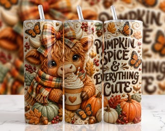 Adesivo PNG para copo térmico "Pumpkin Spice Highland Cow" de 20 oz | Design de sublimação para o outono