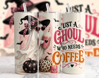 Apenas um Fantasminha Que Precisa de Café - Adesivo para Copo Térmico de 590ml (20oz) - PNG para Sublimação - Halloween
