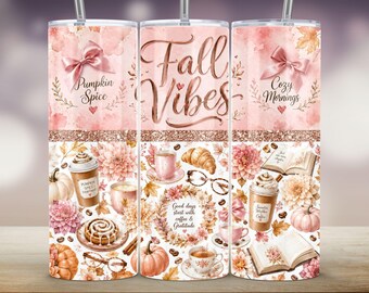 Adesivo per bicchiere Pink Coquette Fall, con scritta "Fall Vibes Cozy Mornings" (download digitale PNG)