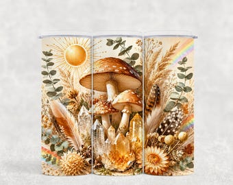 Adesivo per bicchiere termico Boho Mushroom Crystal, Sole Celeste ed Erba della Pampa (Download digitale PNG)