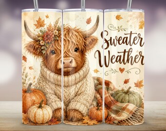 Adesivo per bicchiere con mucca delle Highlands autunnale e scritta "Weather Weather" (download digitale PNG)