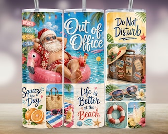 Adesivo per bicchiere con scritta "Vacanze estive di Babbo Natale", "Fuori ufficio" (download digitale PNG)