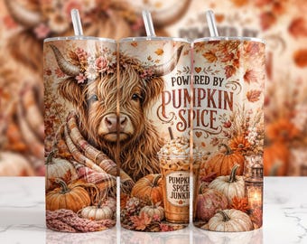 Adesivo PNG para copo térmico Highland Cow de 20 oz com estampa de abóbora e especiarias
