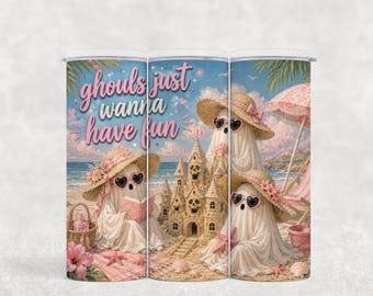 Adesivo rosa per bicchiere Summerween Beach Ghost, Ghouls Just Wanna Have Fun (Download digitale PNG)