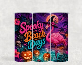 Adesivo per bicchiere Summerween con fenicottero e grafica Spooky Beach Days con zucca (download digitale PNG)