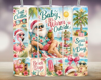 Decorazione per bicchiere a tema natalizio tropicale con collage di Babbo Natale e Baby It's Warm Outside (download digitale PNG)