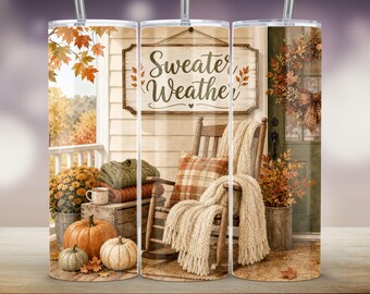 Adesivo per bicchiere con scritta "Farmhouse Autumn Porch" e "Sweater Weather" (download digitale PNG)