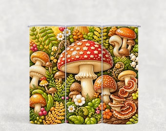 Rivestimento per bicchiere con motivo botanico a funghi, amanita rossa e felci di bosco (download digitale PNG)