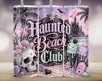 Adesivo per bicchiere termico "Pastel Summerween Haunted Beach Club", con teschio "Stay Salty" (download digitale PNG)