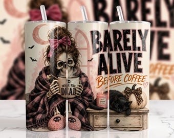 Adesivo PNG para copo térmico de 590ml com estampa de esqueleto "Quase Vivo Antes do Café" | Design de sublimação para o Halloween