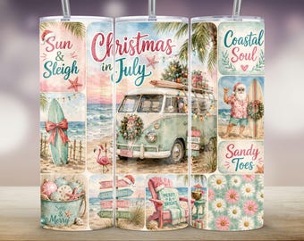 Adesivo per bicchiere termico con collage natalizio a tema costiero, Natale a luglio (20 oz, stampa a sublimazione sottile)