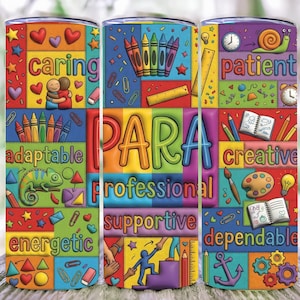 Puede incluir: Un vaso colorido con la palabra "PARA" en letras grandes, rodeado de palabras como "caring", "adaptable" y "energetic". El diseño incluye ilustraciones de crayones, un camaleón y otros elementos relacionados con la escuela.