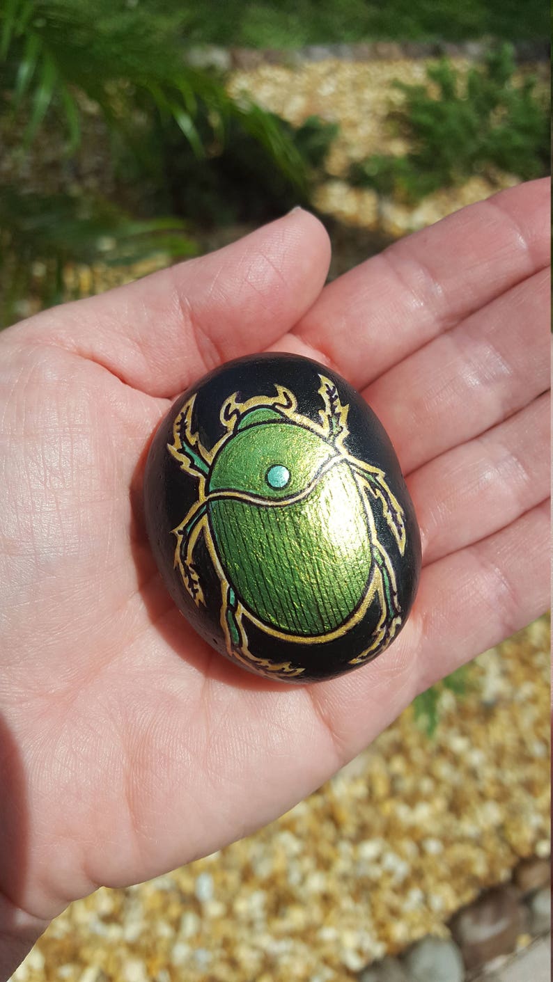 Hand Painted Art Rock Green Scarab Beetle Paperweight Stone Etsy