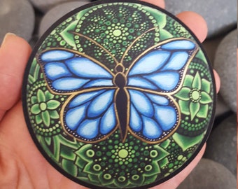 MAGNET PRINT 3x3 Blue Butterfly Green Dot Flower Mandala Rock Refrigerator or Car Magnet Home Decoration Meditation Gift