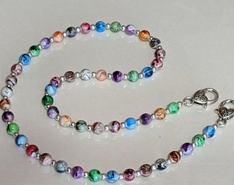Beaded Mask Chain Holder: Colorful Marbled Beads, Heart Clasps, 25"