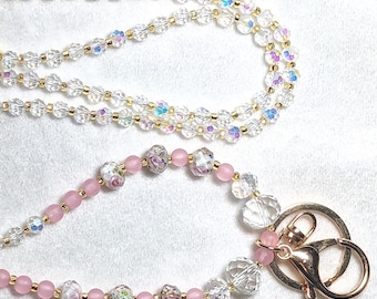 Lanyard Lampworked Glass Beads : Roses, AB Crystals, Gold Badge Holder, Phone, Mother's Day Gift