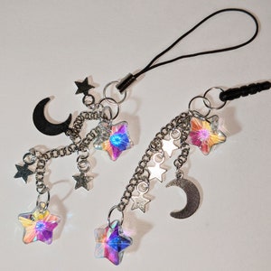 Cell Phone Charm Dust Plug Keychain 3.5mm Audio Jack or Strap Shooting Star AB Crystal bling silver stars moon chain Customize your Choice!