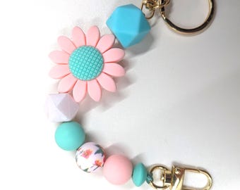 Floral Silicone Bead Keyring: Pink, Teal & White - Women's Car Accessory