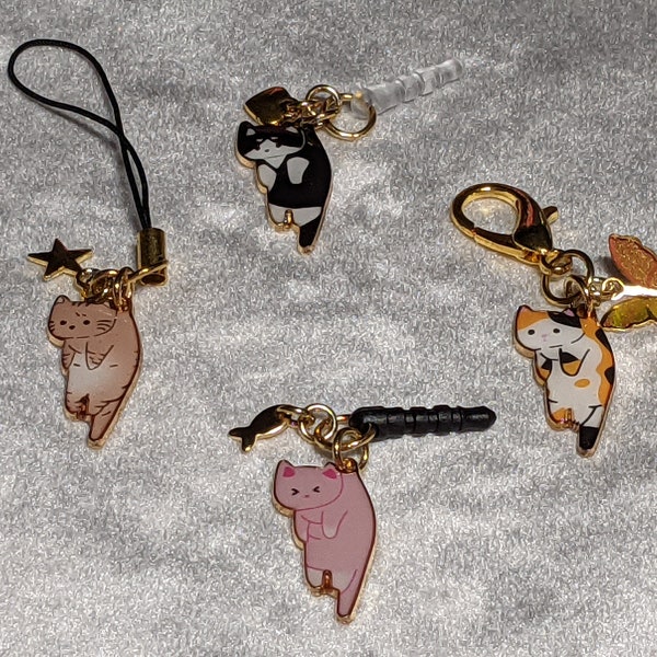 Cell Phone Charm Dust Plug Keychain Zipper Pull 3.5mm Audio Jack, Clip on or Strap Cute Hanging Cat with Gold Charm Customize your Choice!