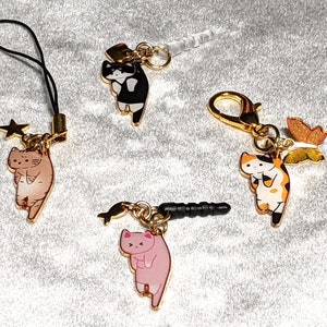 Cell Phone Charm Dust Plug Keychain Zipper Pull 3.5mm Audio Jack, Clip on or Strap Cute Hanging Cat with Gold Charm Customize your Choice!