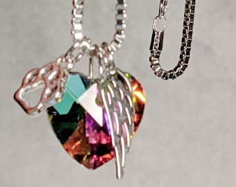 Rainbow Bridge Pet Memorial Necklace: Heart, Paw, Angel Wing Charm