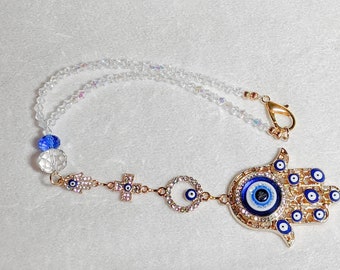 Hamsa Hand Gold  Evil Eye Car Charm: AB Crystals, Sapphire Nazar Amulet Cross