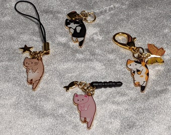 Cell Phone Charm Dust Plug Keychain Zipper Pull 3.5mm Audio Jack, Clip on or Strap Cute Hanging Cat with Gold Charm Customize your Choice!