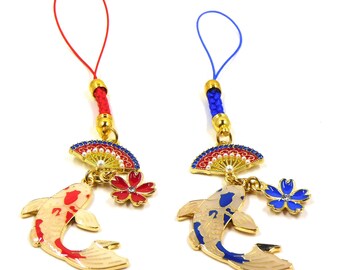Charm para celular con diseño de pez koi: Correa trenzada con abanico y flor de cristal