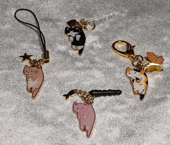 Cell Phone Charm Dust Plug Keychain Zipper Pull 3.5mm Audio Jack, Clip on  or Strap Cute Hanging Cat with Gold Charm Customize your Choice!