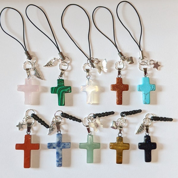 Cell Phone Charm Dust Plug 3.5mm Audio Jack or Strap Natural Semi-precious Stone Crosses with Silver Charms Customize your choice!