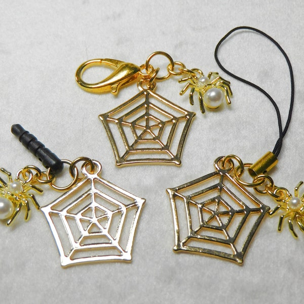 Cell Phone Charm Dust Plug Keychain Zipper Pull 3.5mm Audio Jack, Clip on or Strap Halloween Spider Creepy Cute Gold Web Pearl Elegant Gift