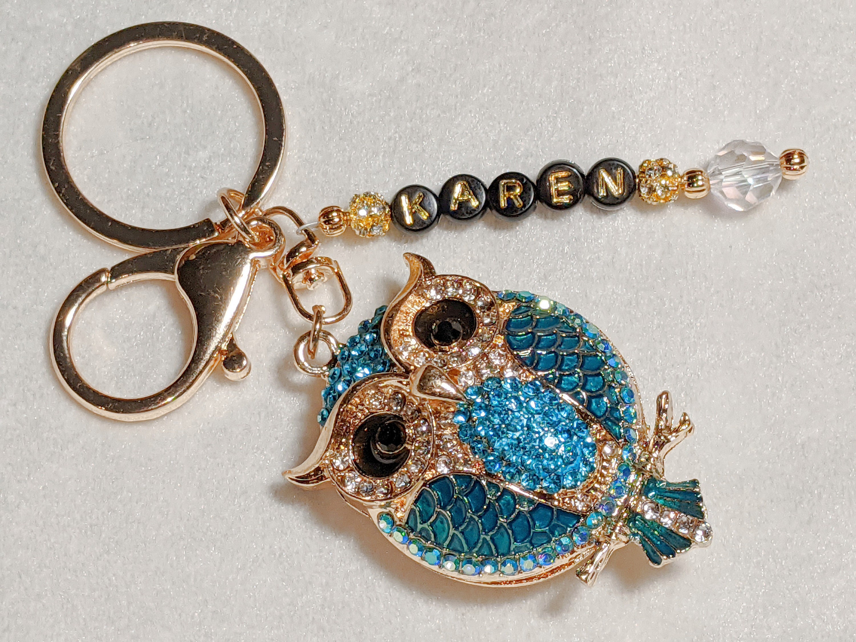 Aqua Blue Rhinestone Owl Keychain: Personalized Name Keyring