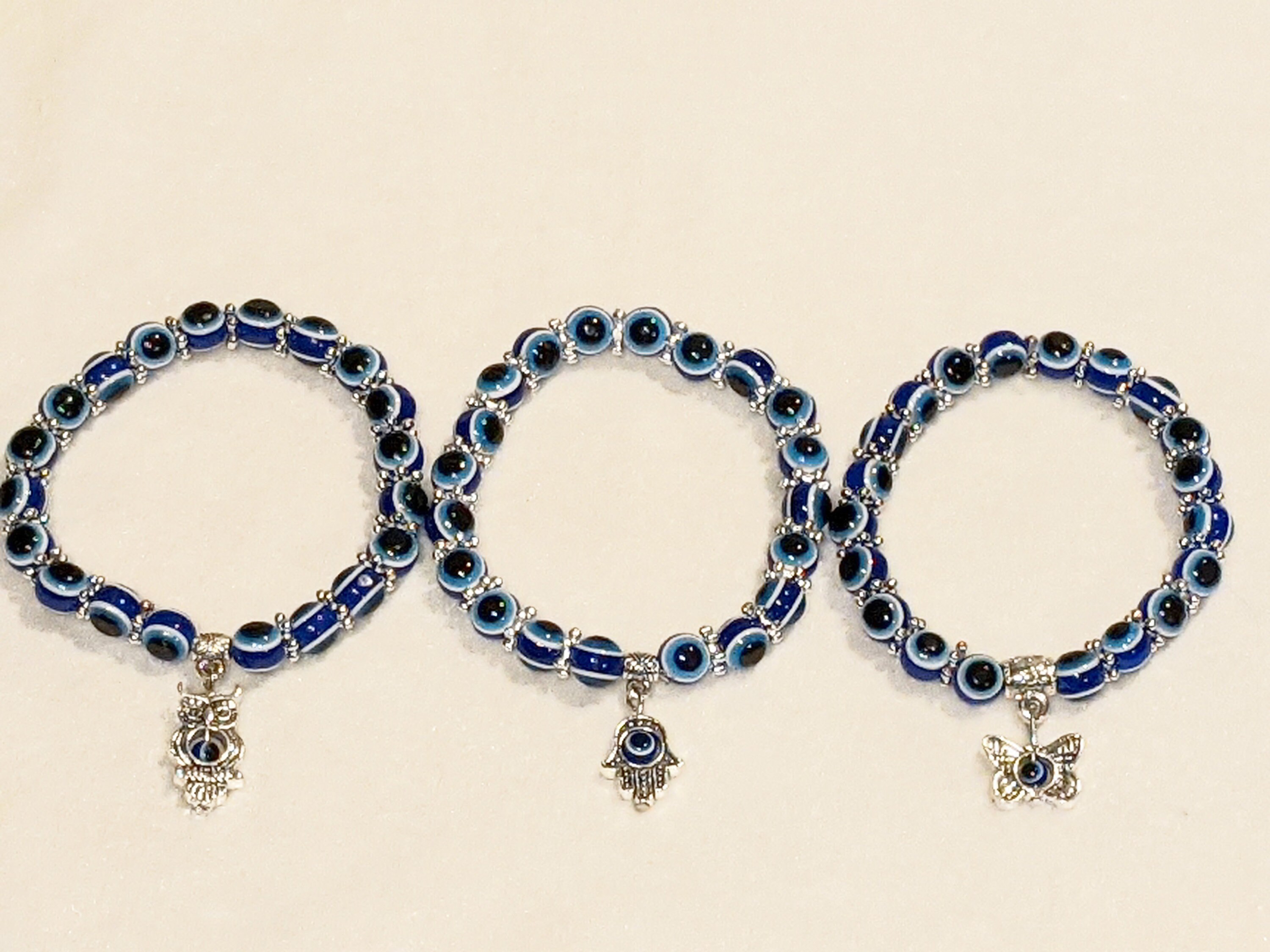 Hamsa Bracelet Evil Eye Stretch SILVER BLUE Hand Luck Protection Faith Jewelry 