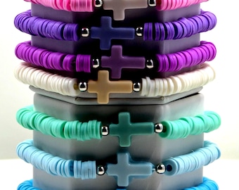 Bracelet Cross Stretch Clay Heishi Beads Spiritual