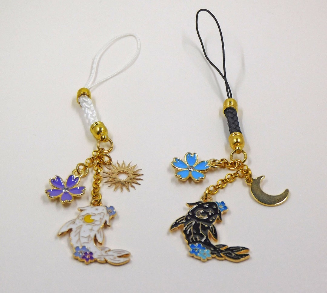 iPhoneアクセサリー mi-koi Cell Phone Charm White or Black Koi Fish With Sun Moon Night