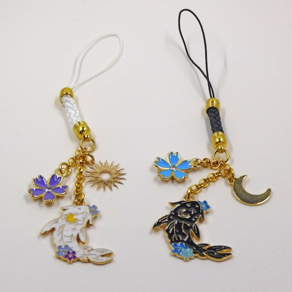 Cell Phone Charm White or Black Koi Fish with Sun Moon Night Day Flower Crystals Bling Gold Shiny Gift Lucky Asian Chinese Japanese