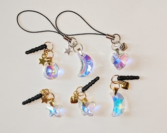 Pendentif anti-poussière pour téléphone portable Prise audio 3,5 mm ou dragonne Cristal AB Argent ou or avec breloques Lune Étoile de mer Coeur Papillon Cercle Personnaliser